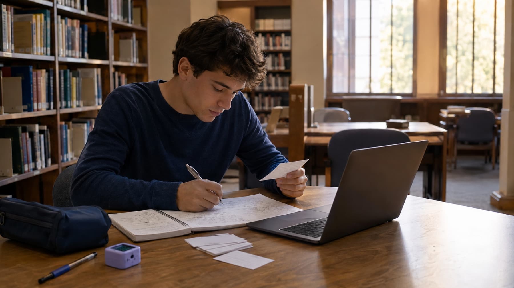 A pre-med student reviewing notes and creating flashcards after MCAT practice