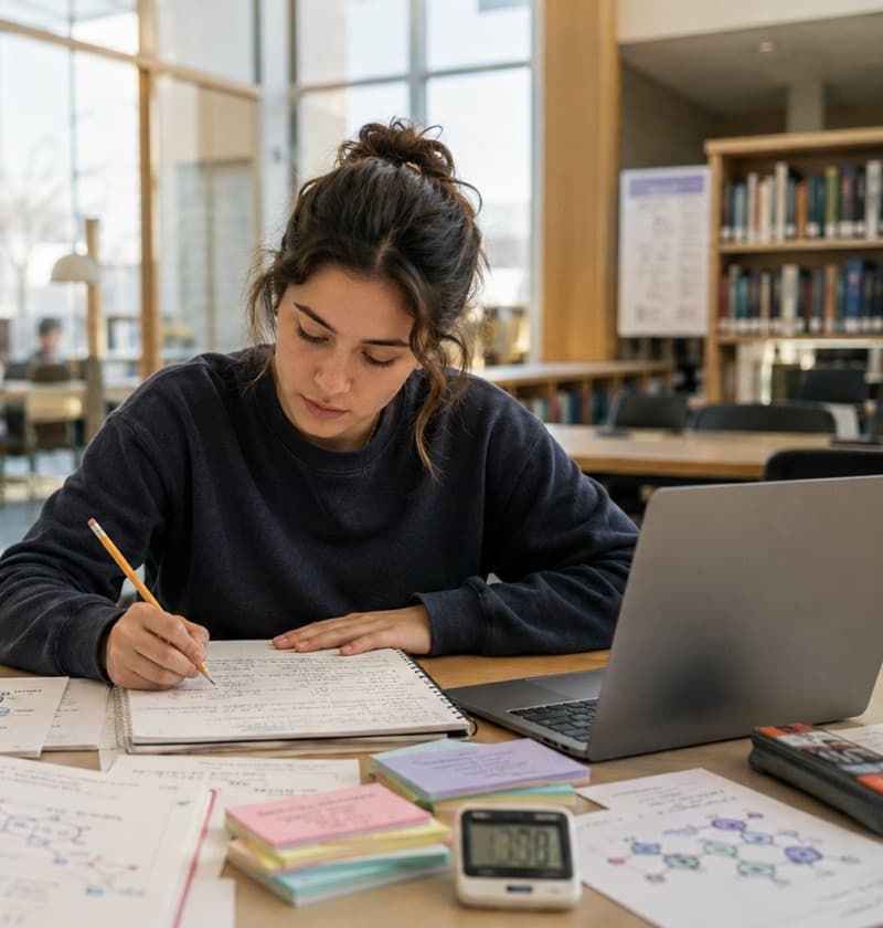 A pre-med student working through MCAT practice in a university library
