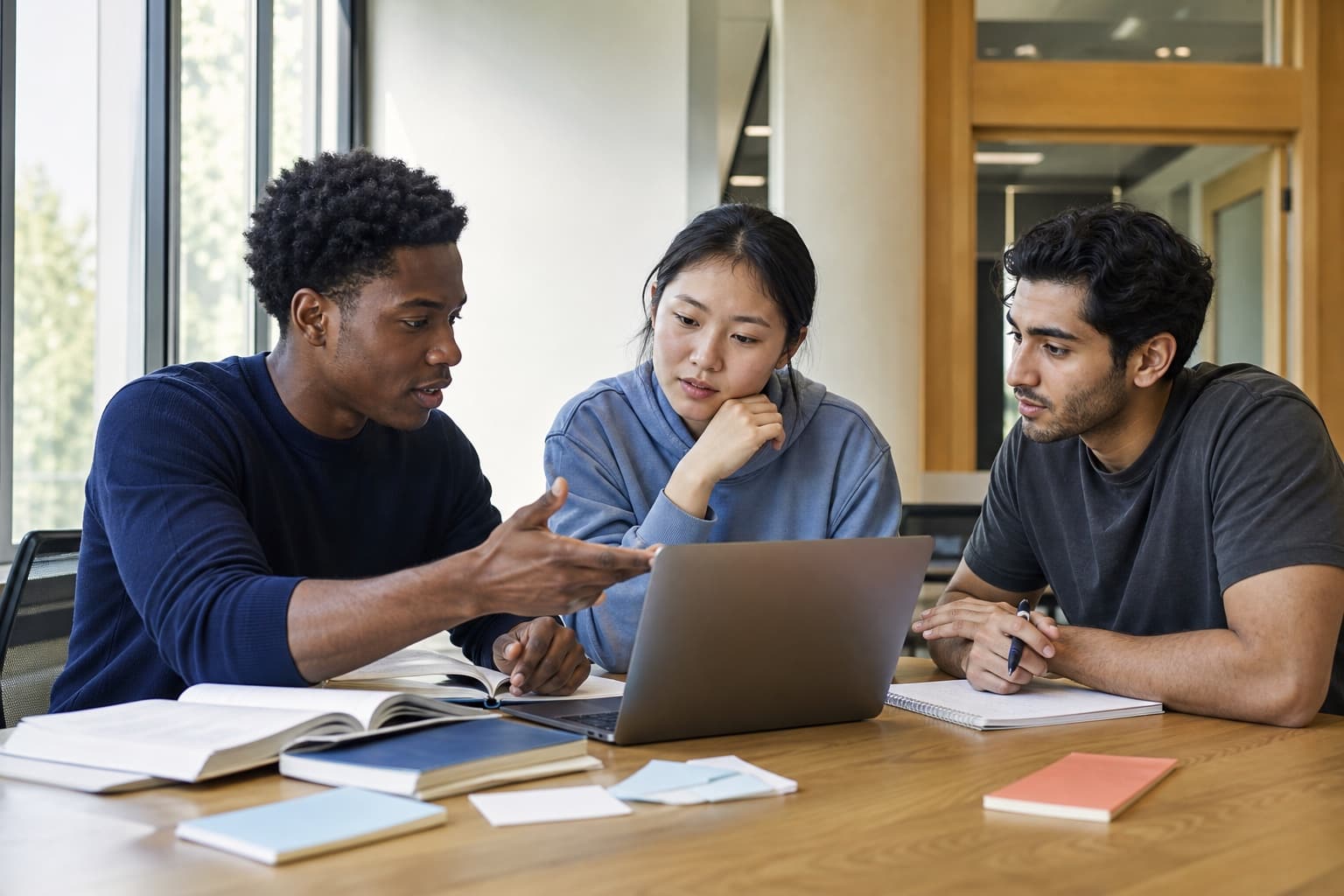 Pre-med students discussing practice questions around a laptop